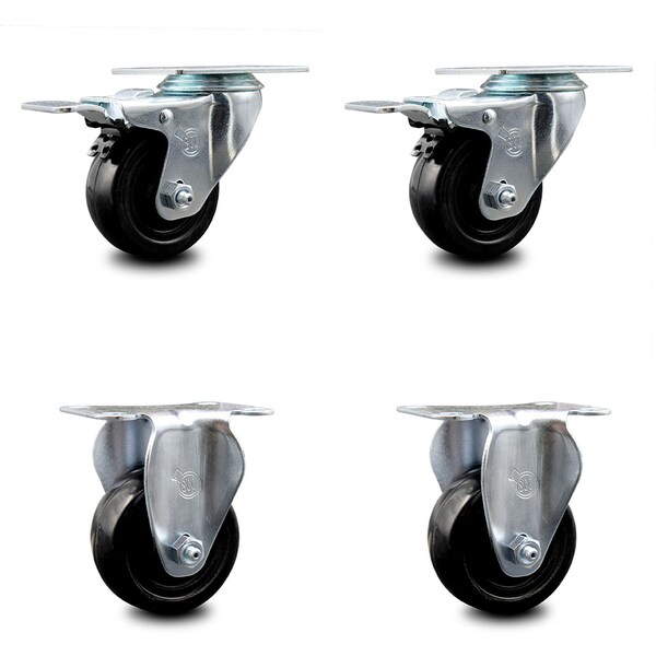 3.5 Inch Hard Rubber Wheel Swivel Top Plate Caster Lock Brakes 2 Rigid SCC, 2PK